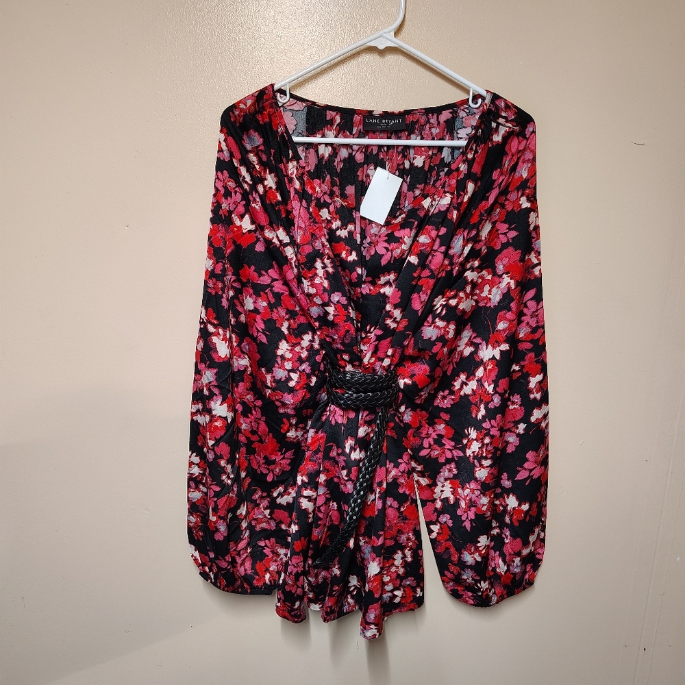 Lane Bryant Blouse Womens 26/28 Black Pink Floral Long Sleeve Flowing Top